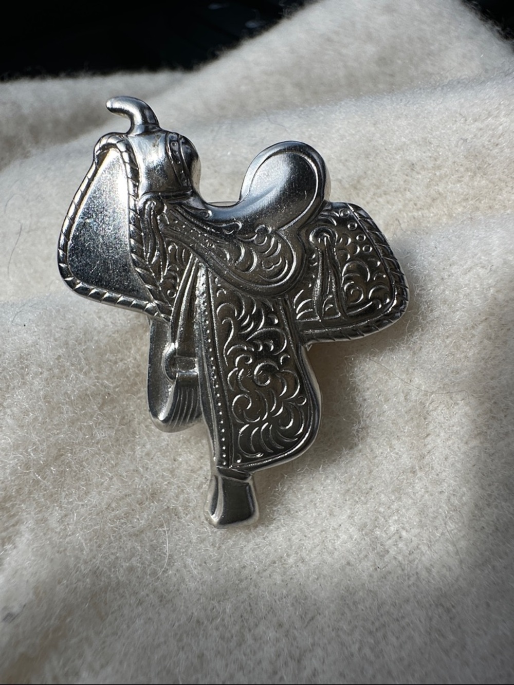 Silver Tone Western Cowgirl Saddle Pin Brooch